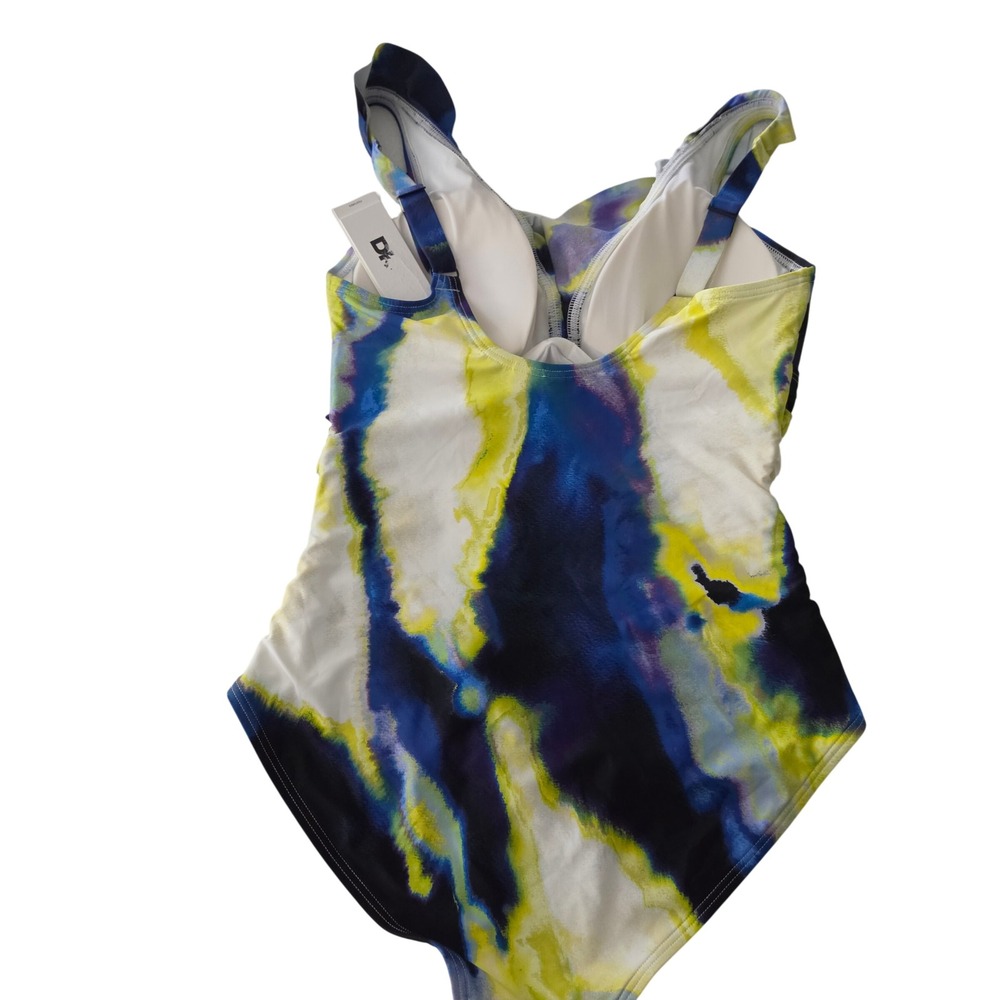 DKNY Womens One Piece Swimsuit Yellow Blue Abstract Watercolor Ruched Medium - Picture 5 of 10